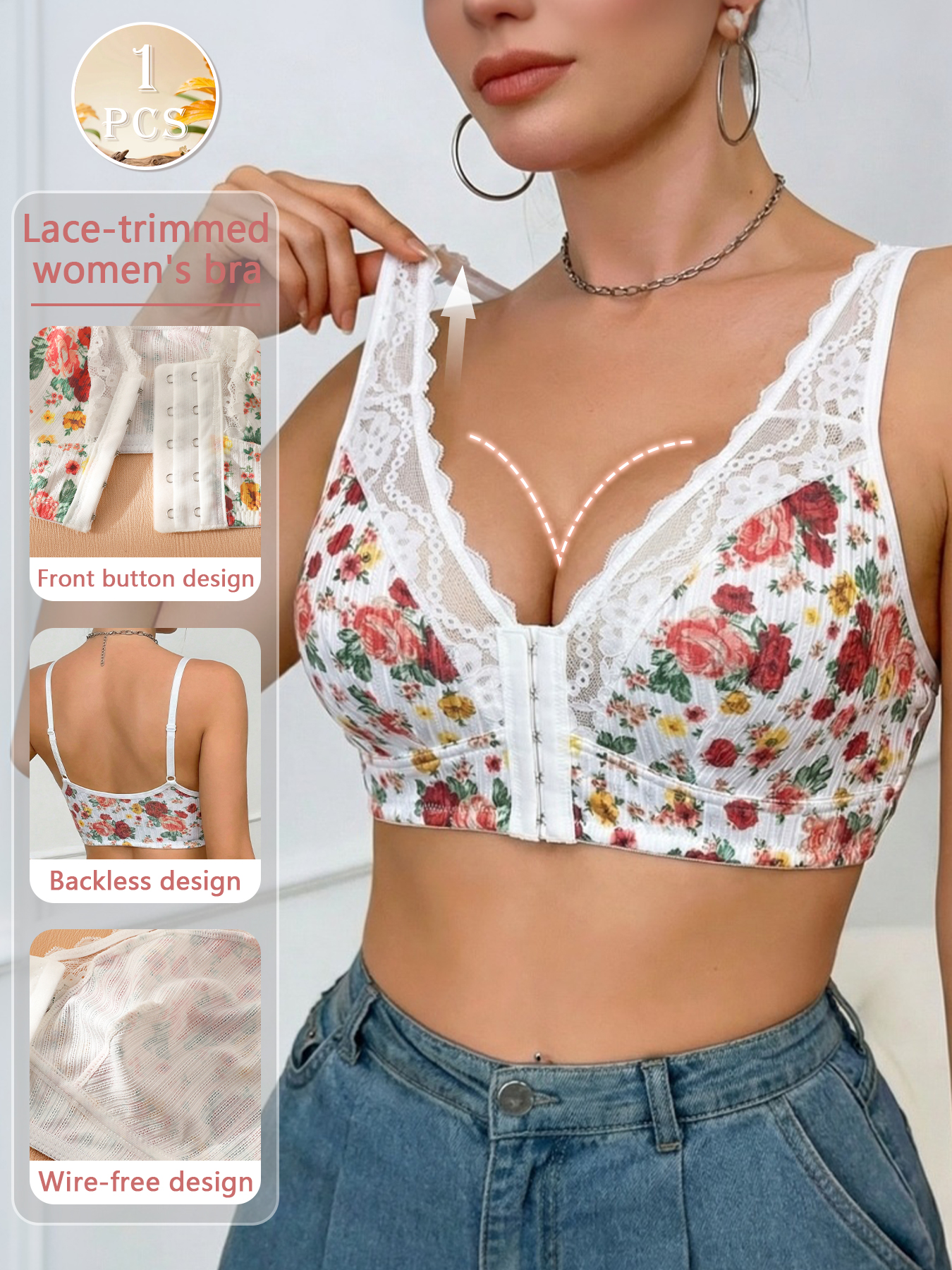 1pc Women's Floral Print Wirel - Wirefree Bra Comfort reseña y precio
